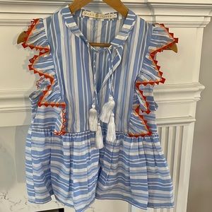Marie Oliver size XS blue and white ruffle blouse